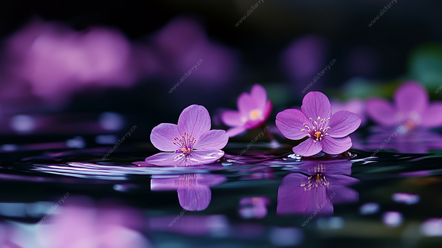 漂浮紫花的静谧水面
