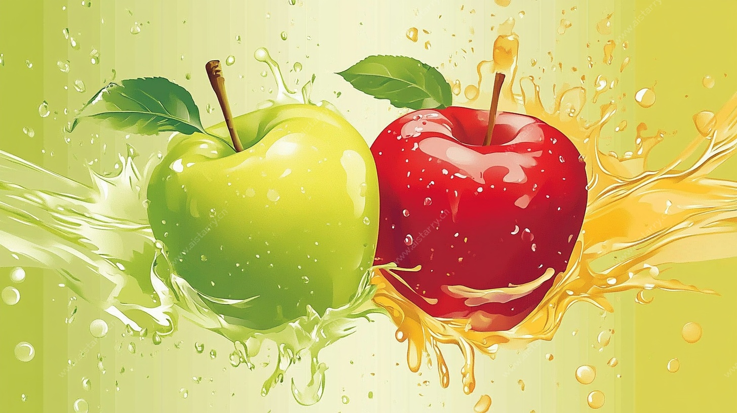 青红苹果碰撞果汁飞溅图