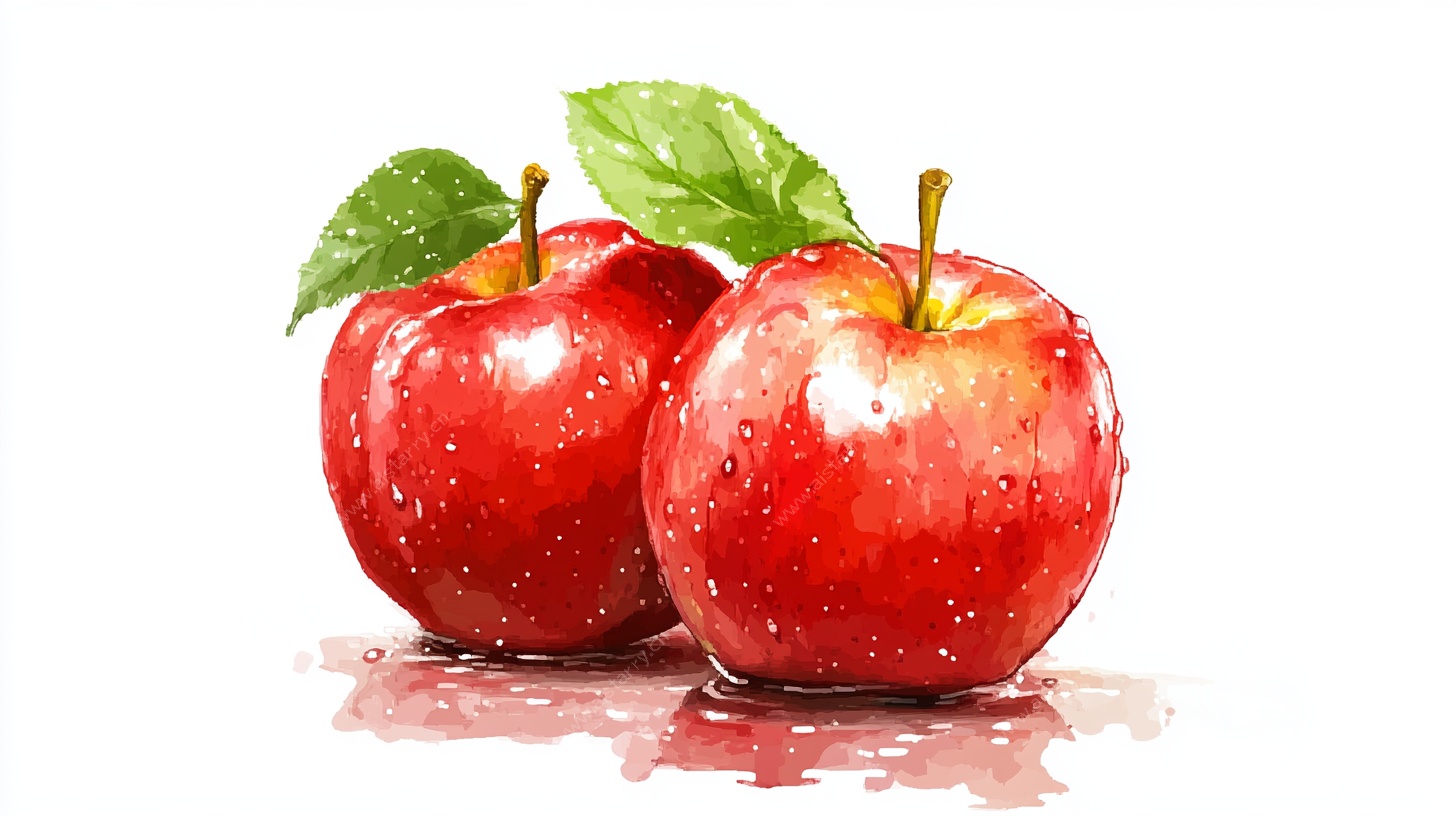 水彩红苹果与绿叶