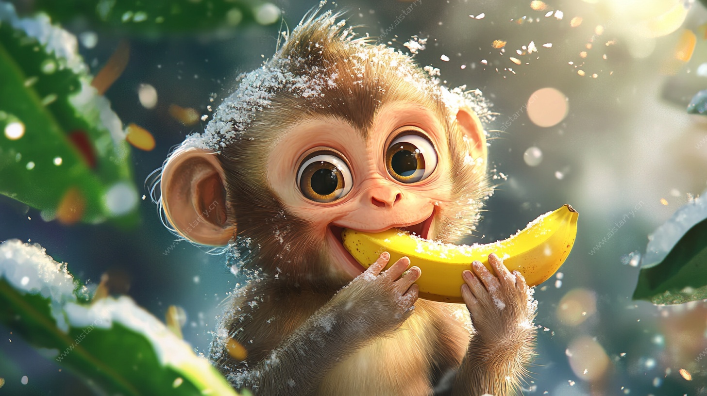 雪中萌猴享美味香蕉