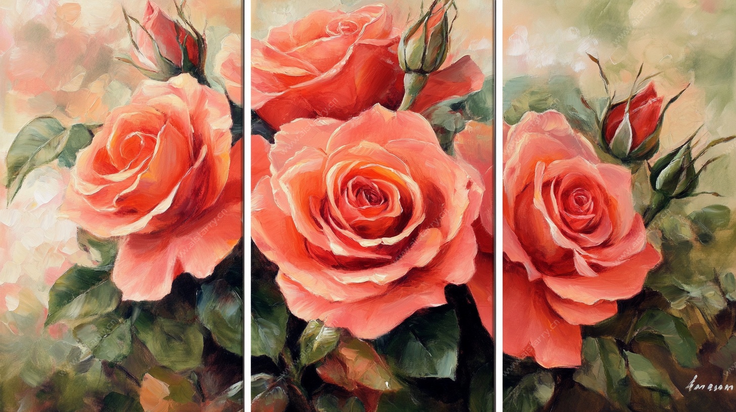三联幅浪漫粉色玫瑰油画