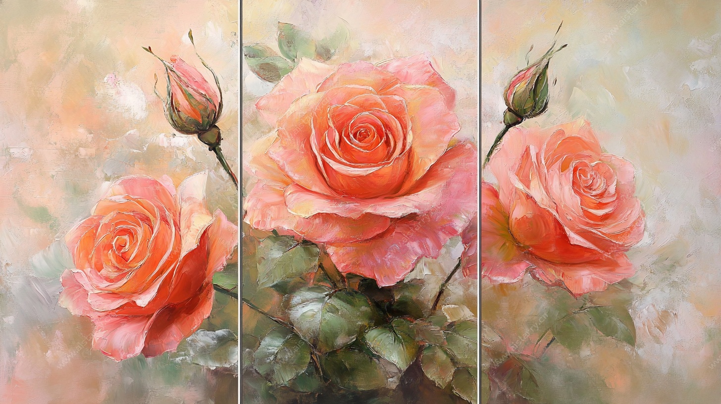 三联粉玫瑰油画