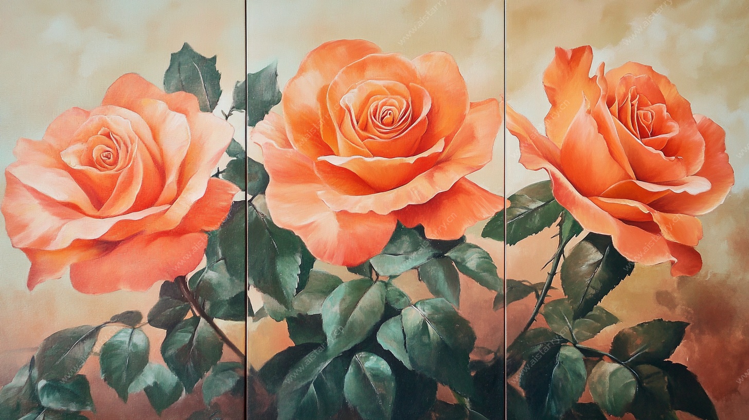 三联橙色玫瑰油画作品