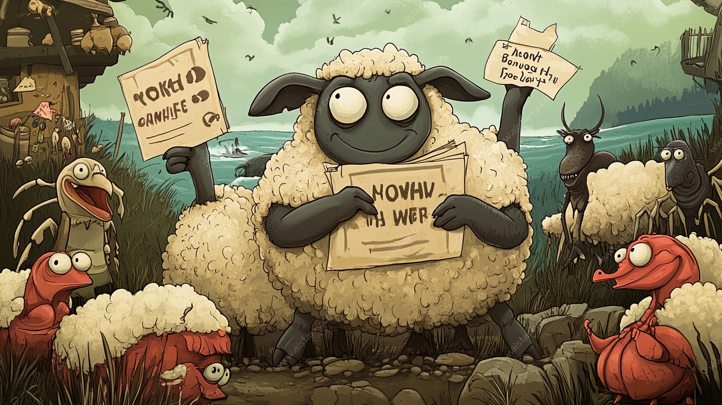 卡通绵羊抗议场景插画