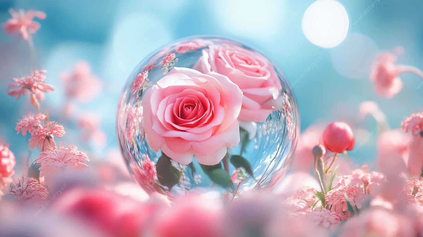 梦幻粉玫瑰水晶球花卉图