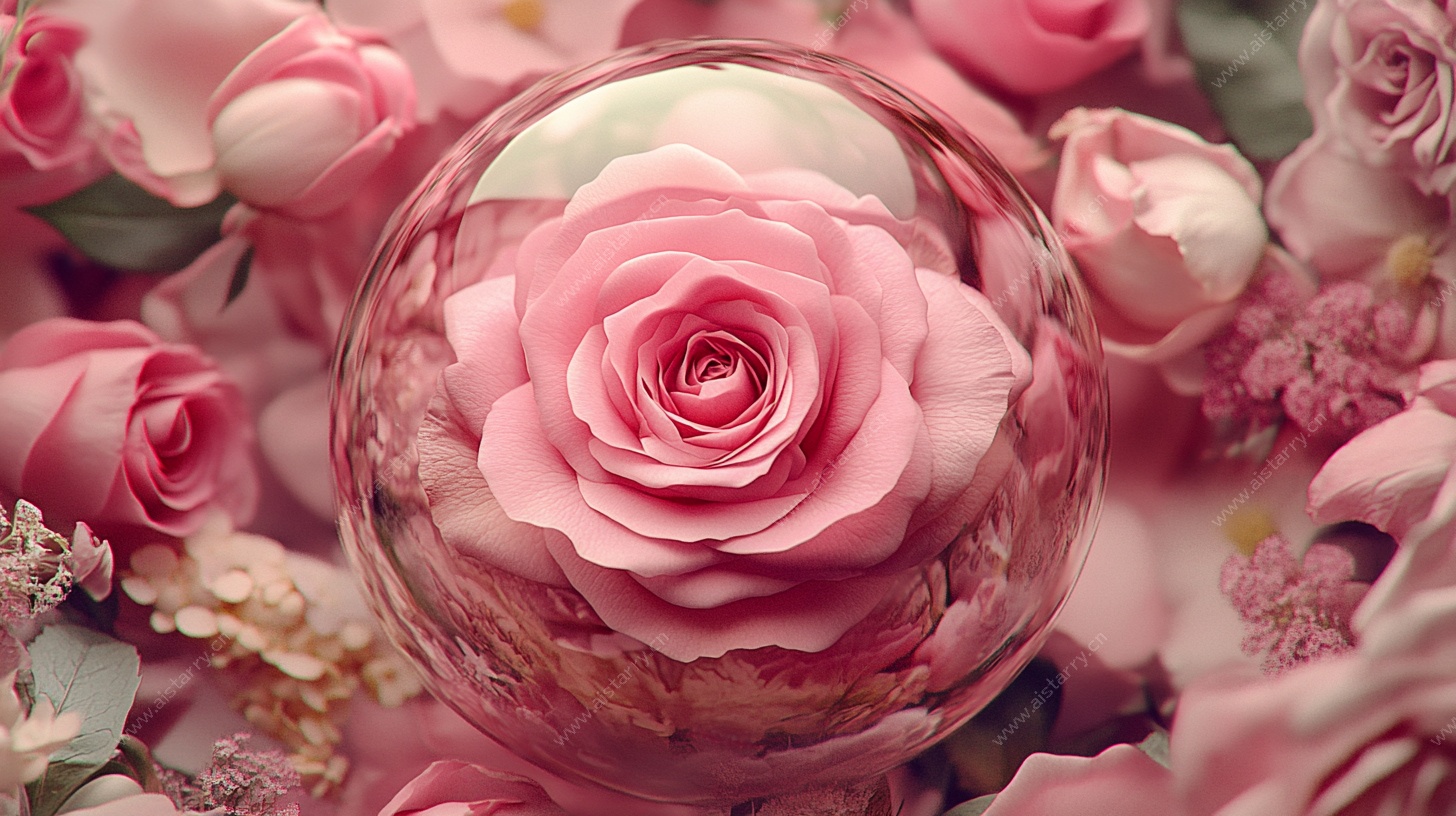 玫瑰水晶球中的浪漫花卉