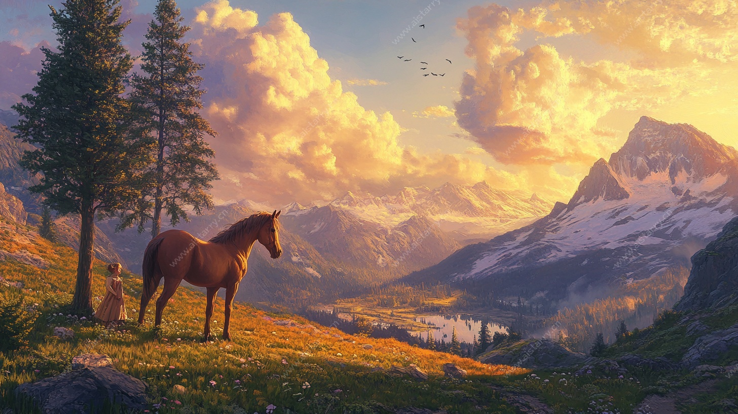 夕阳下的骏马与山间美景