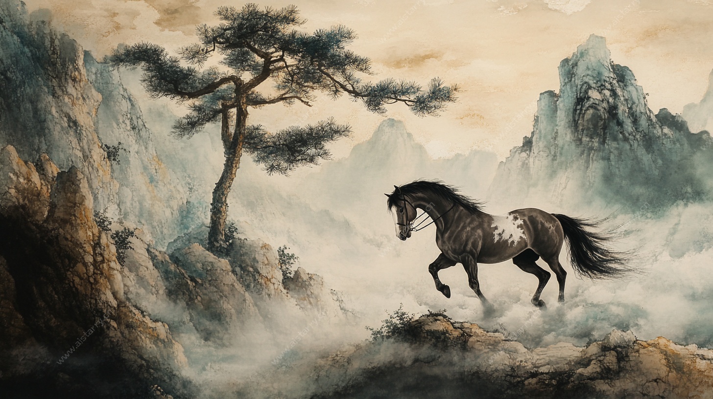 骏马于山水间奔腾