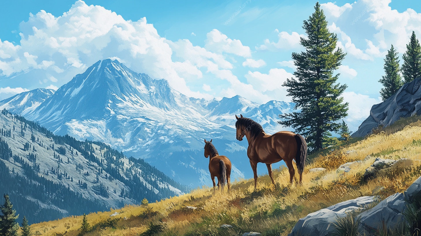 山间双马 壮丽自然图景