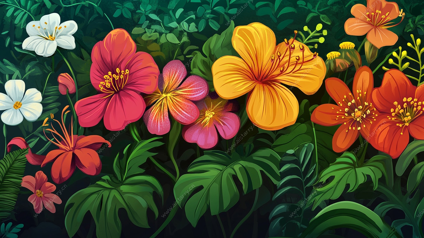 缤纷花卉丛林插画