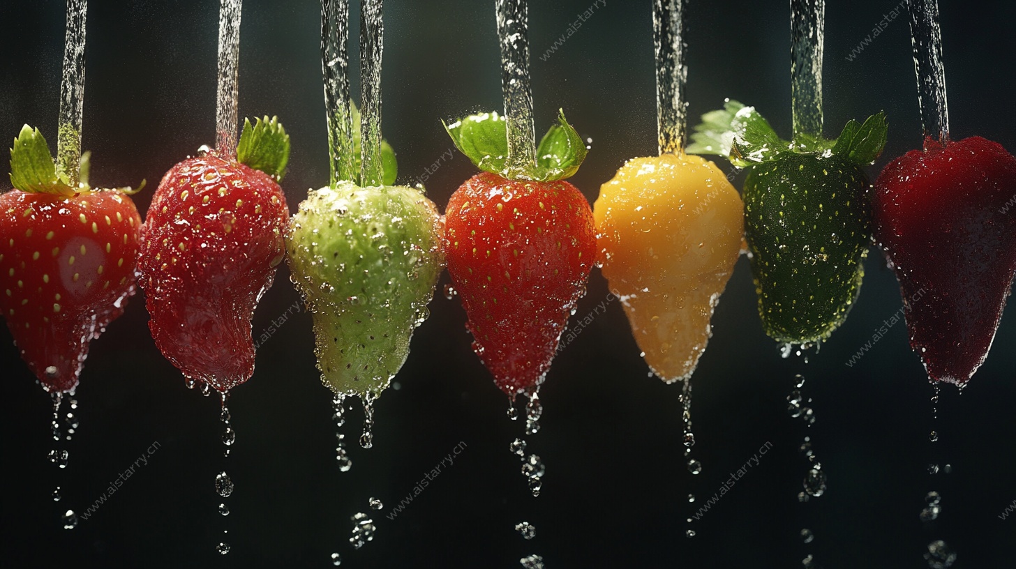 悬垂多彩草莓水滴瞬间