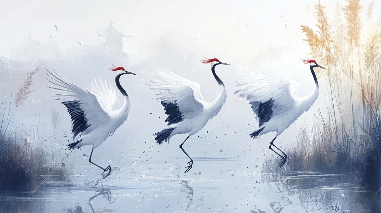 三只丹顶鹤于湿地起舞