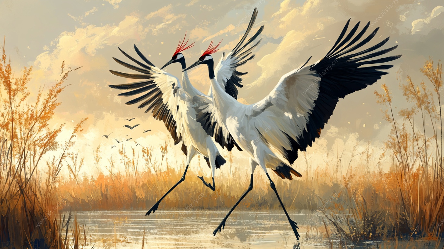 双鹤共舞湿地间