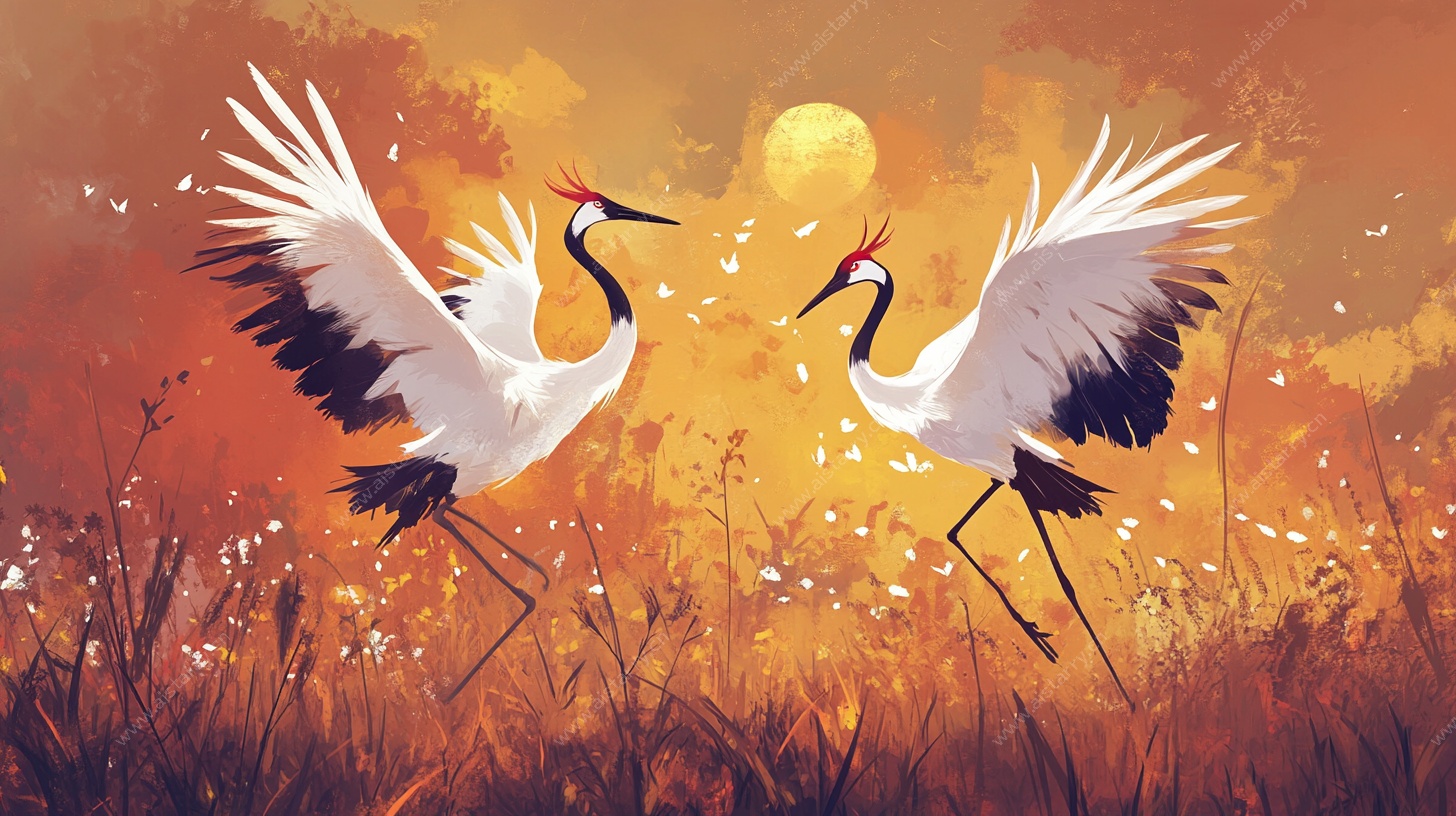 夕阳下双鹤共舞