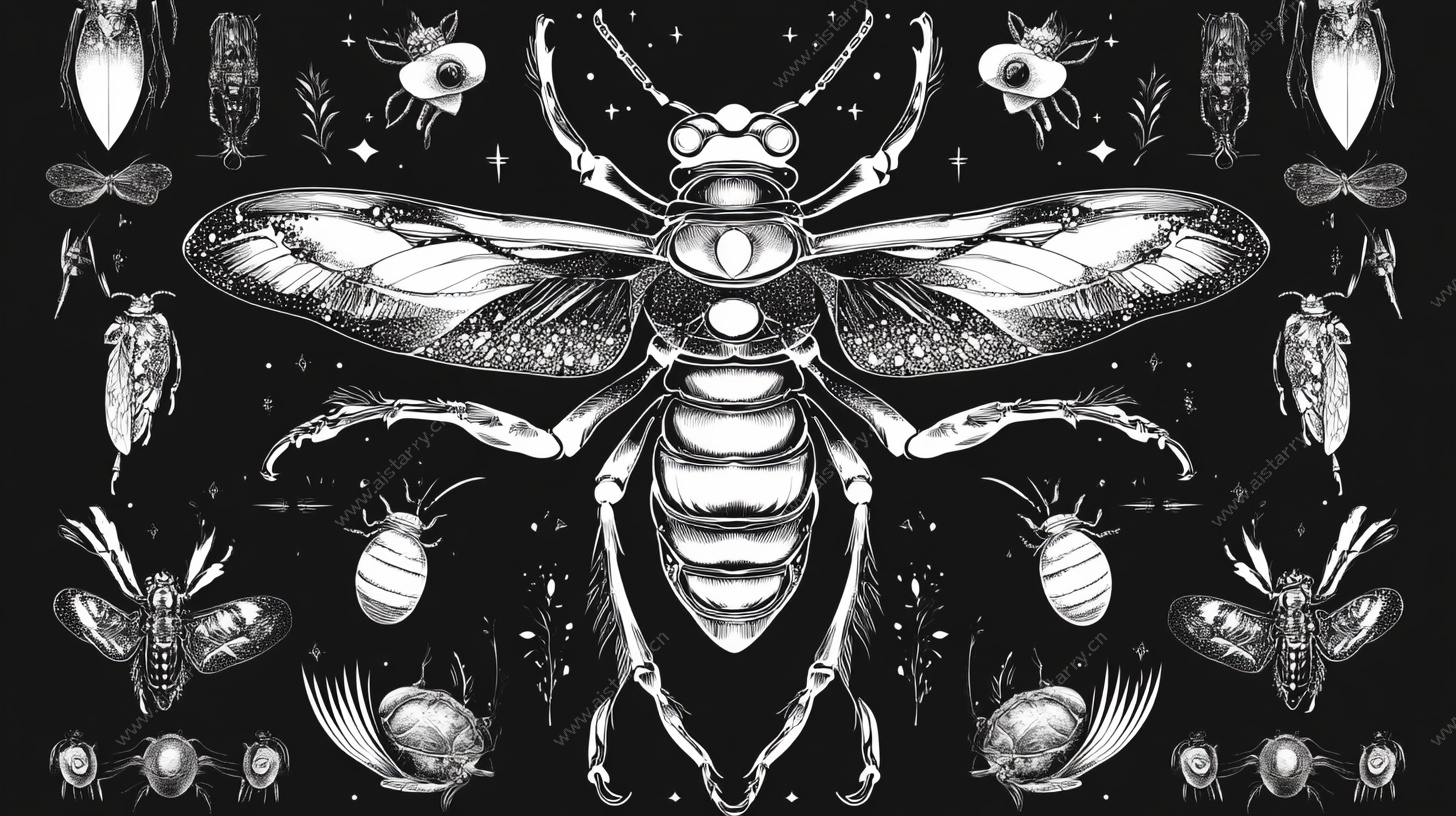 黑白昆虫插画作品