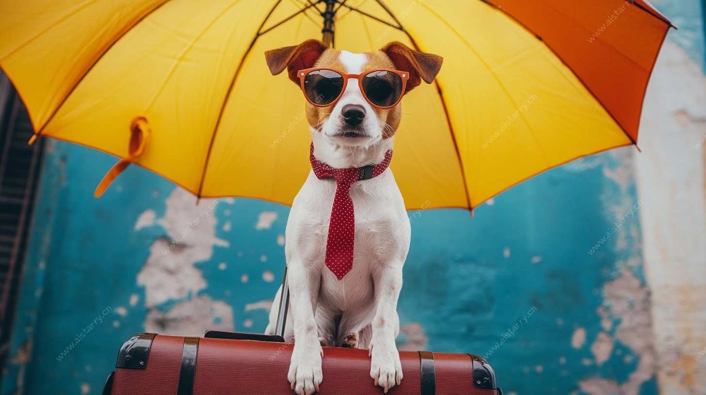 时髦小狗撑伞立行李箱上