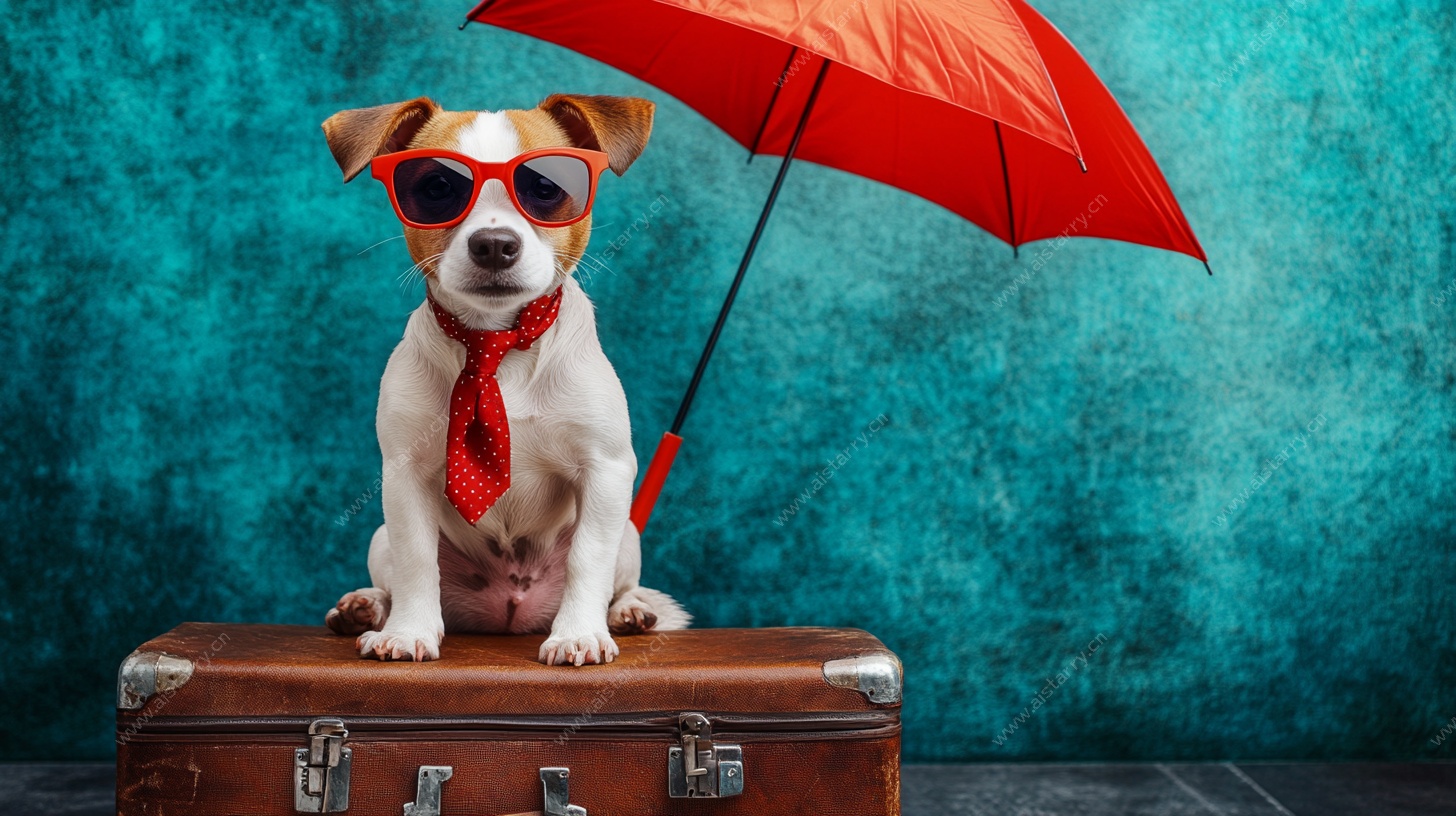 时髦小狗撑伞坐行李箱