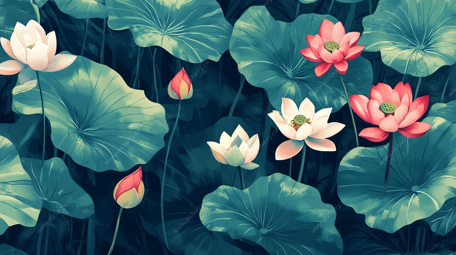 水墨风荷花荷叶插画