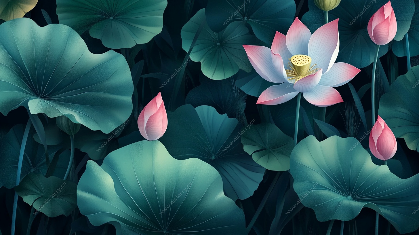 水墨风荷花荷叶插画