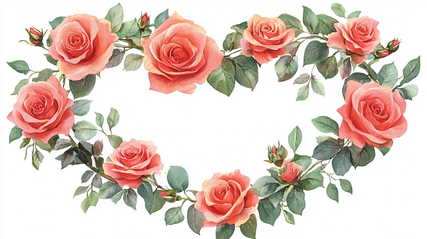 心形玫瑰水彩花环