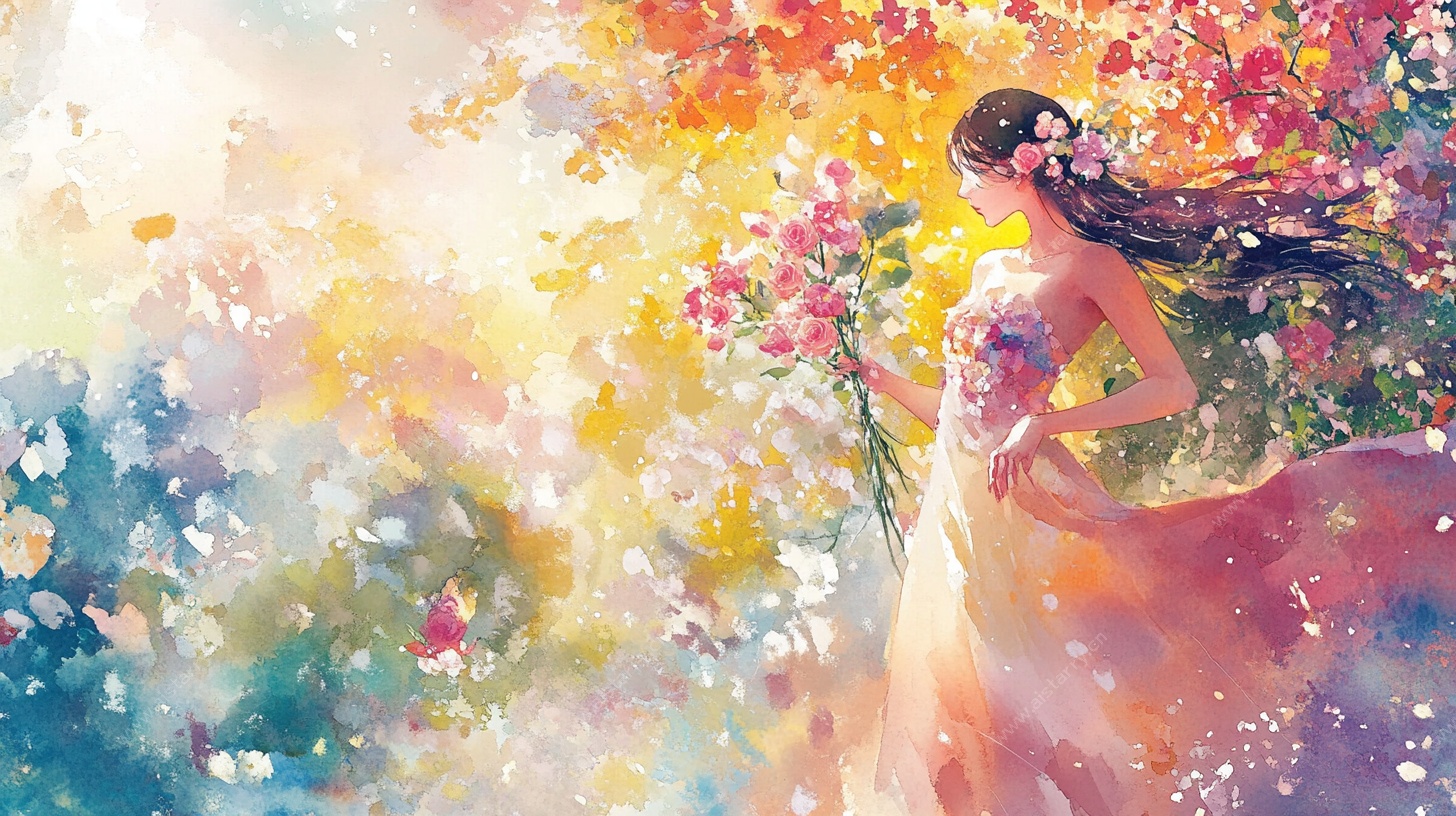 梦幻花中少女唯美插画