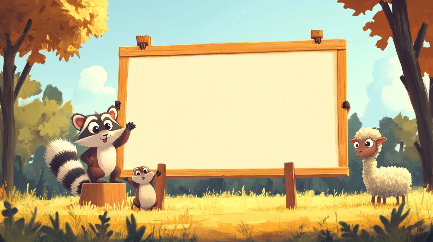 森林动物与空白告示牌