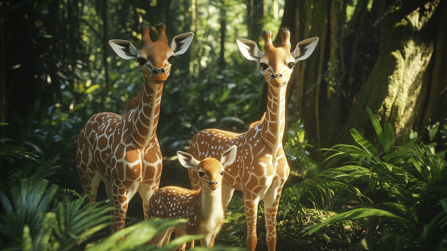 森林中的长颈鹿一家