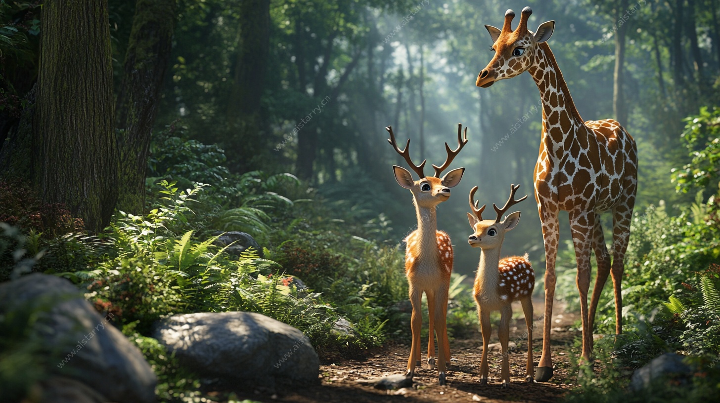 森林中的动物和谐场景