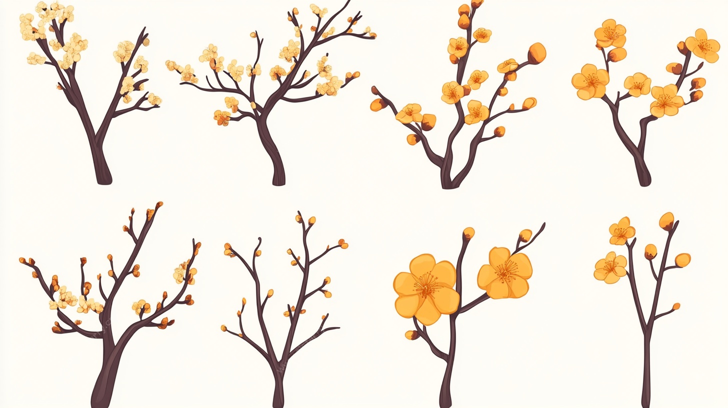 手绘黄色梅花枝插画集合