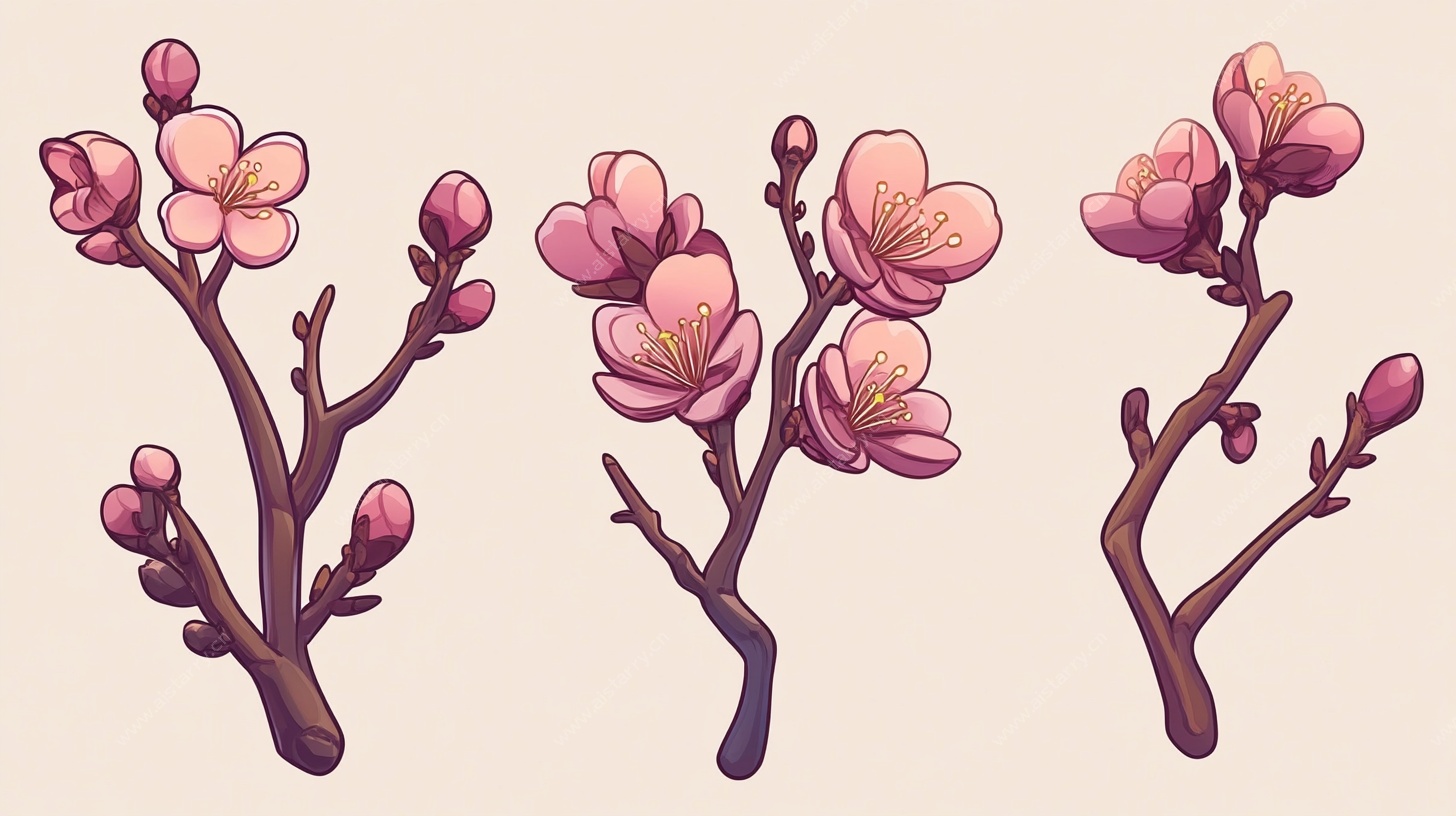 手绘粉色桃花枝插画