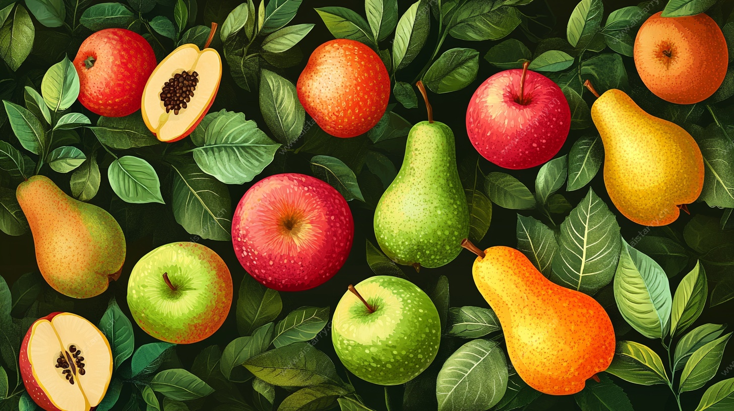缤纷水果与绿叶插画