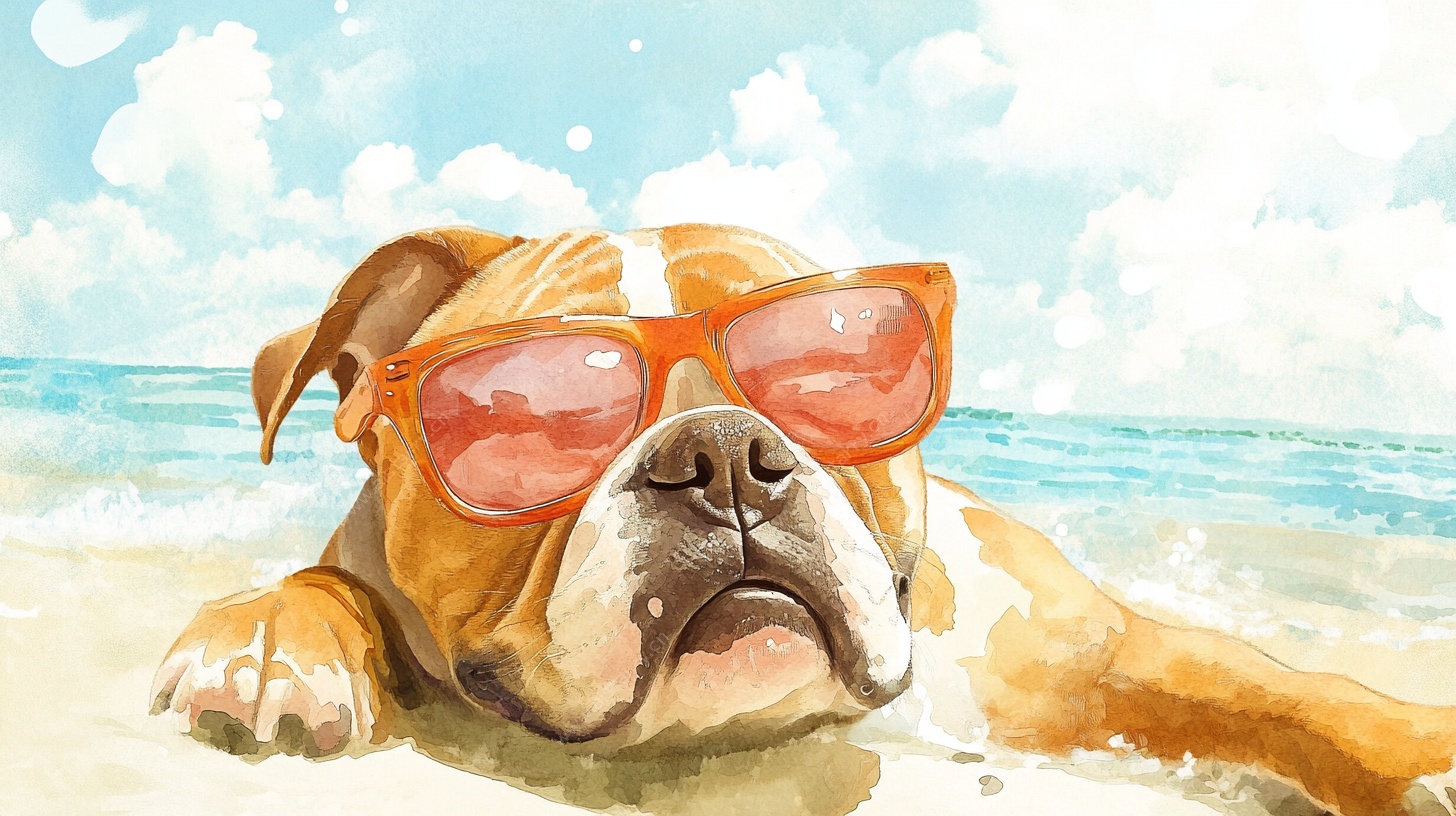海滩上戴墨镜的悠闲狗狗