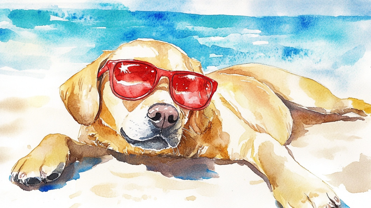 沙滩上戴墨镜的惬意拉布拉多