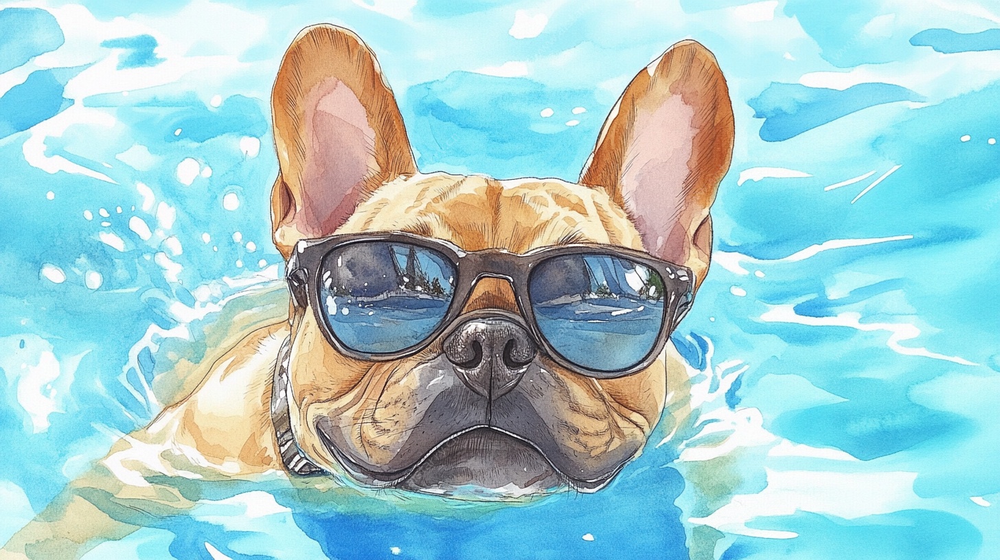 泳池里戴墨镜的法斗犬