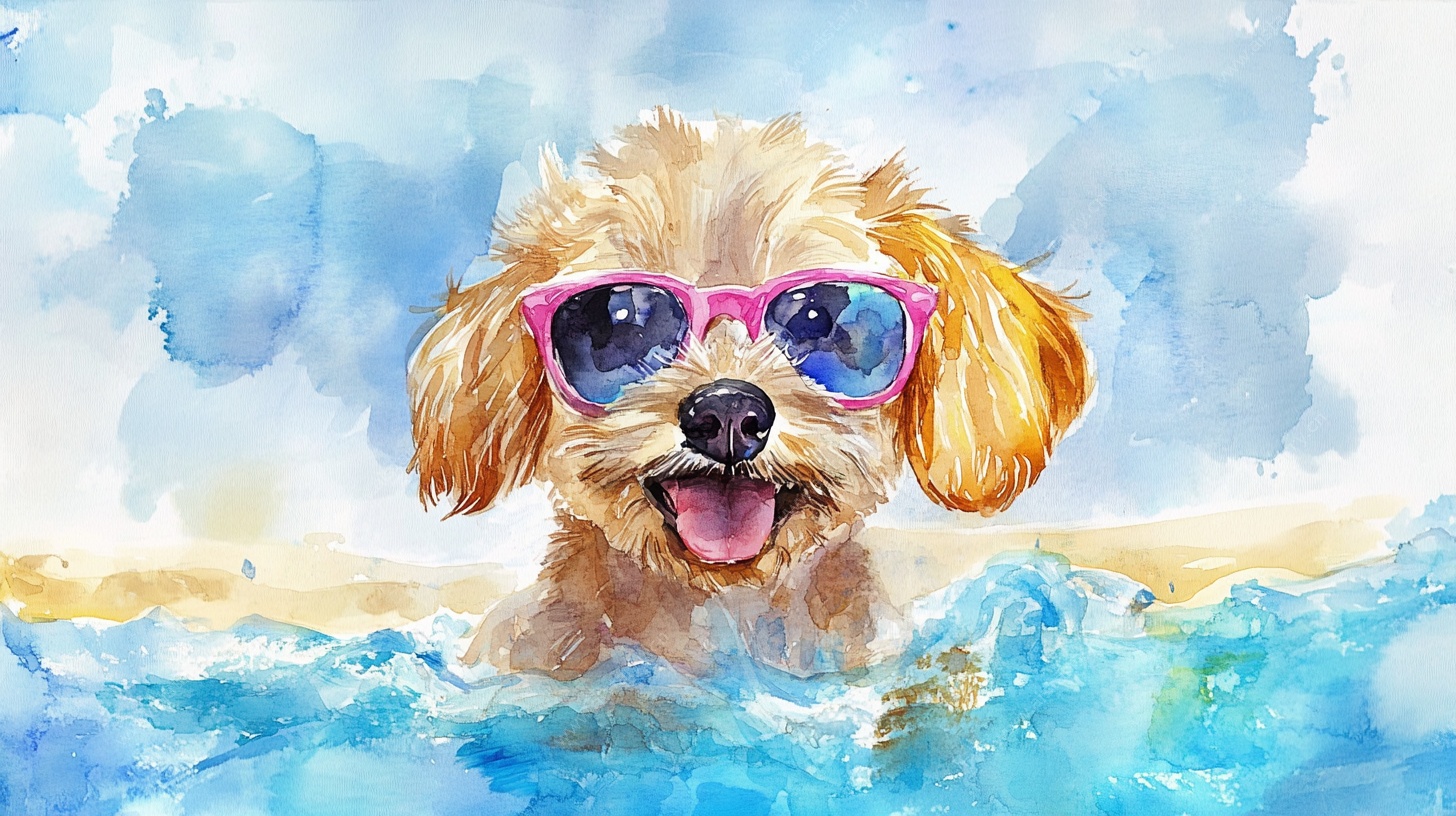 戴墨镜戏水的可爱小狗