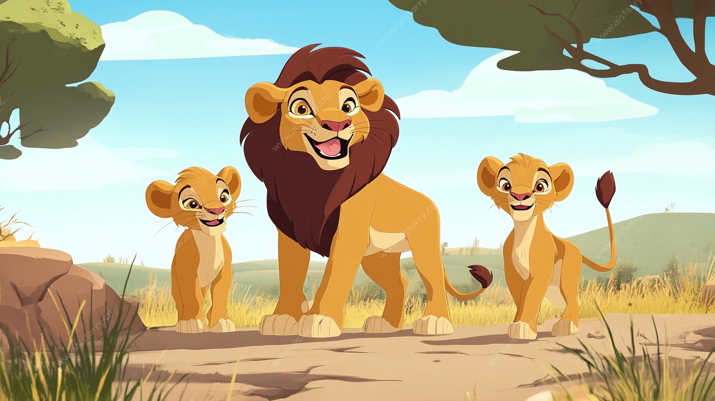 草原雄狮与幼崽温馨时刻