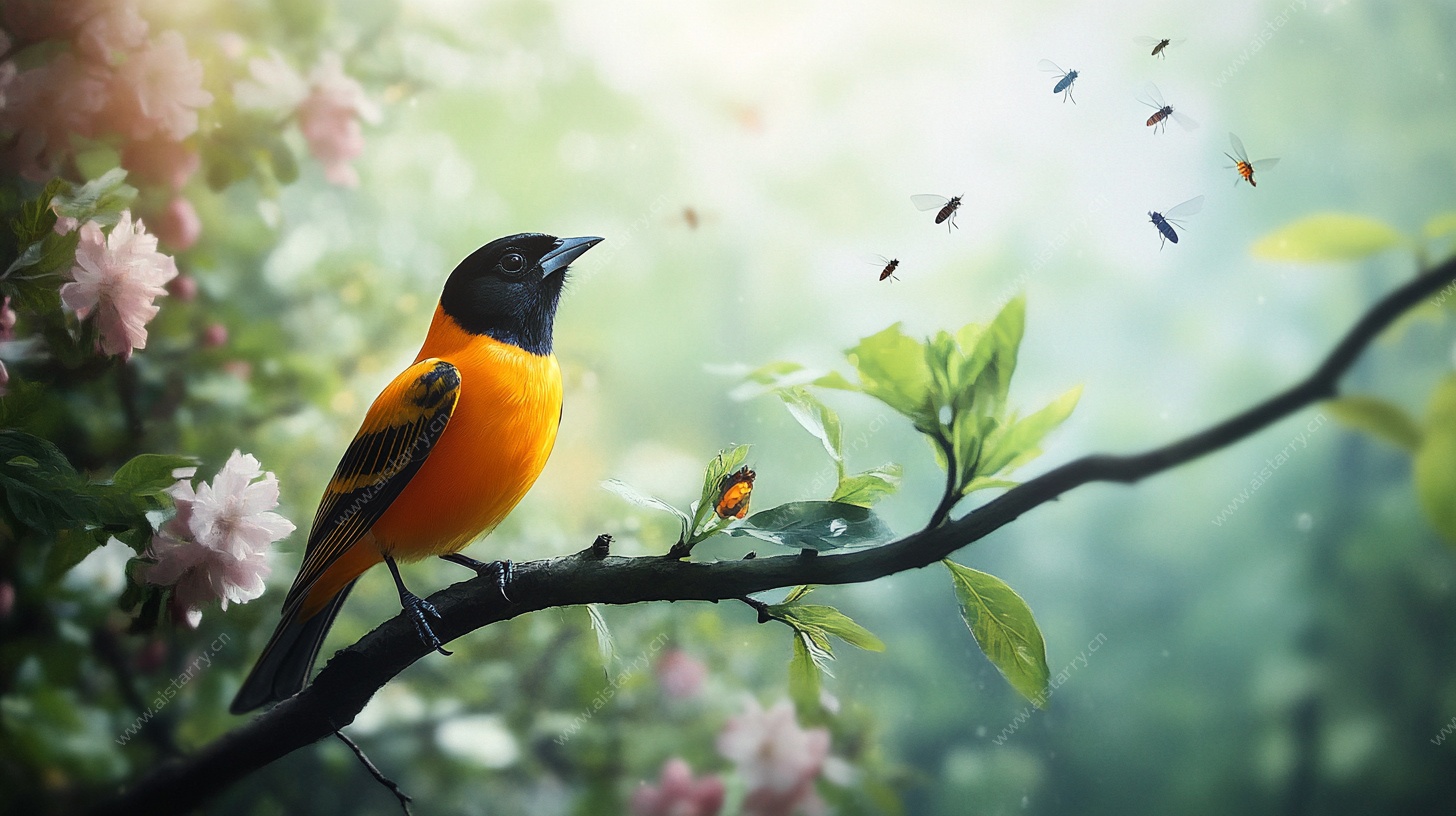 枝头雀影 繁花相伴