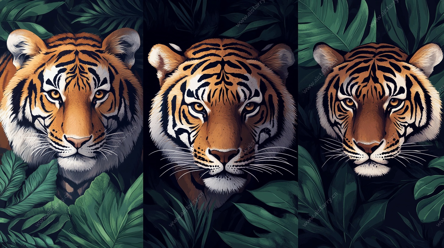 三虎头像与绿植艺术插画