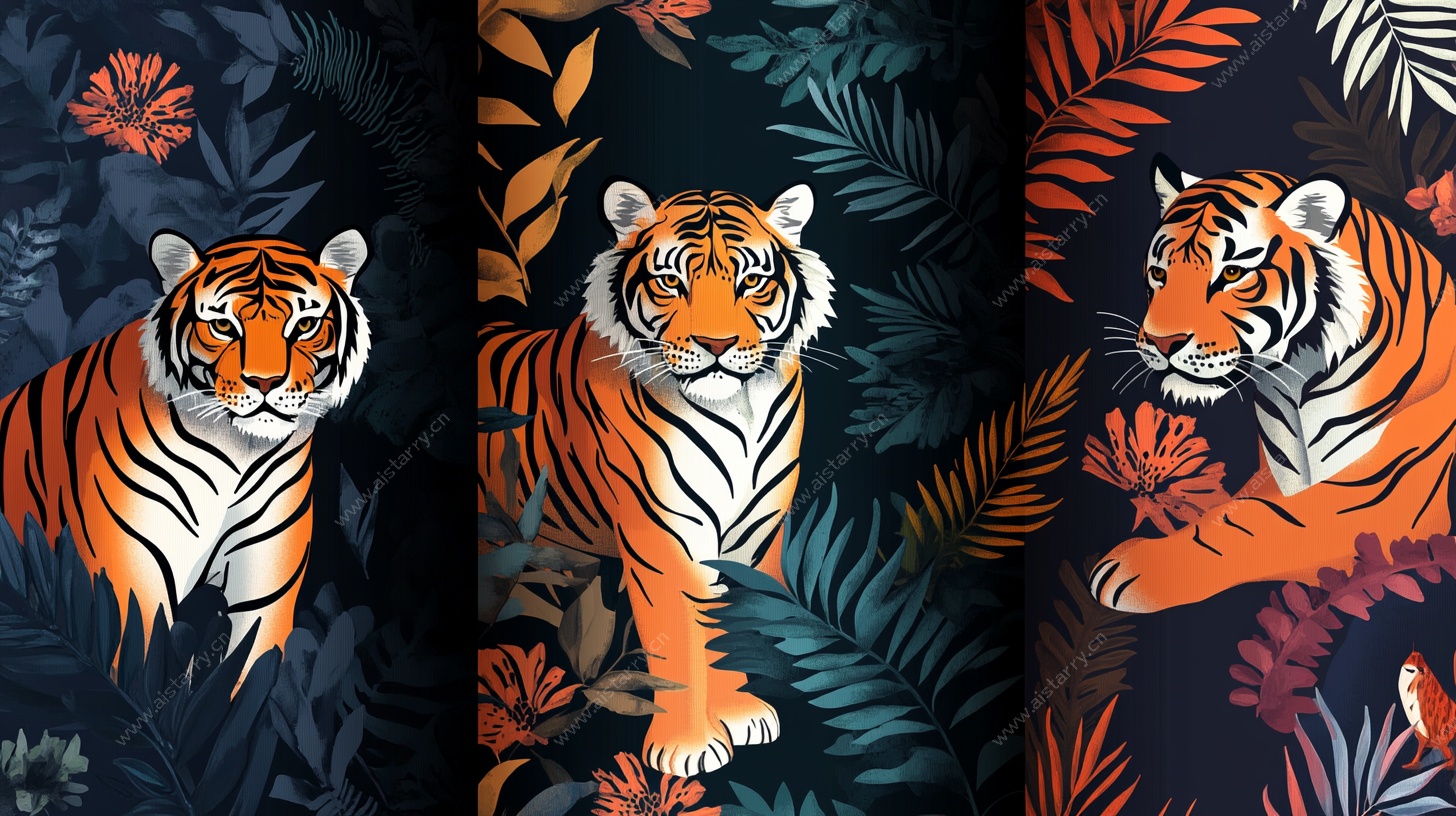 虎与热带植物图案壁纸