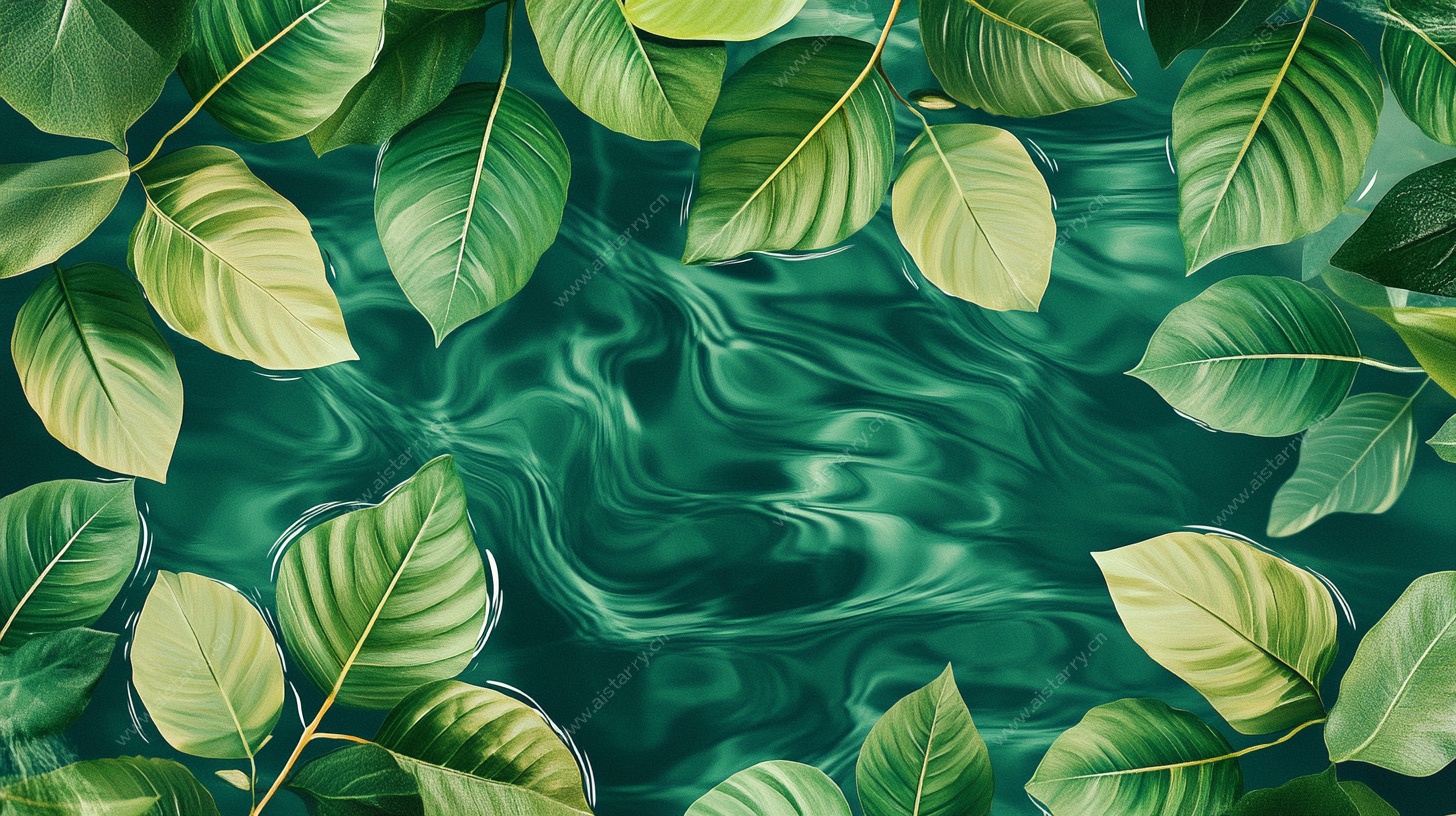 绿叶覆水的清新自然图景