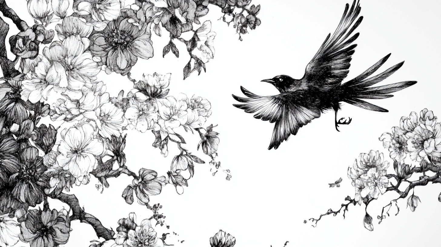 飞鸟掠花枝黑白插画