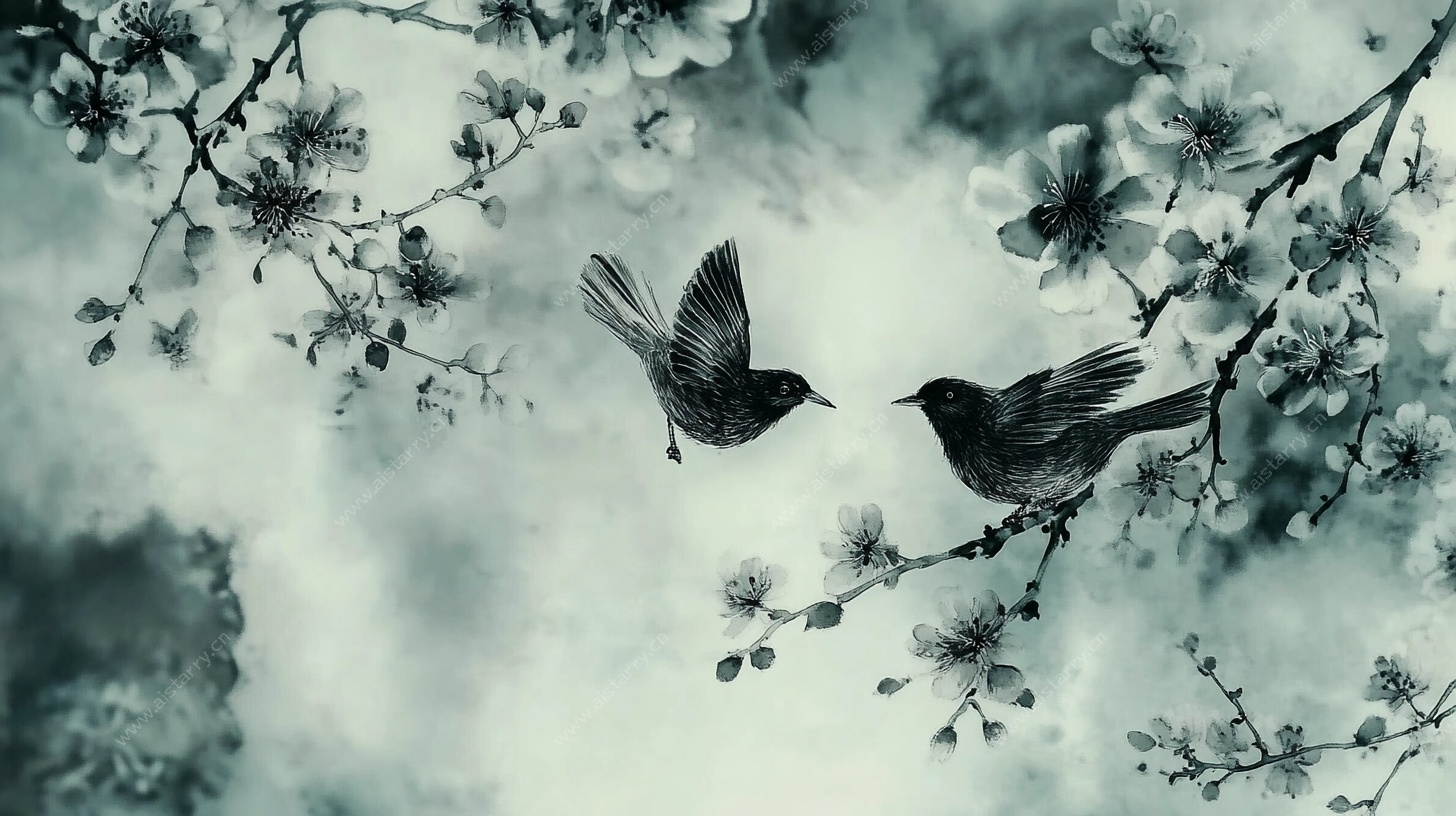 水墨双鸟栖花图