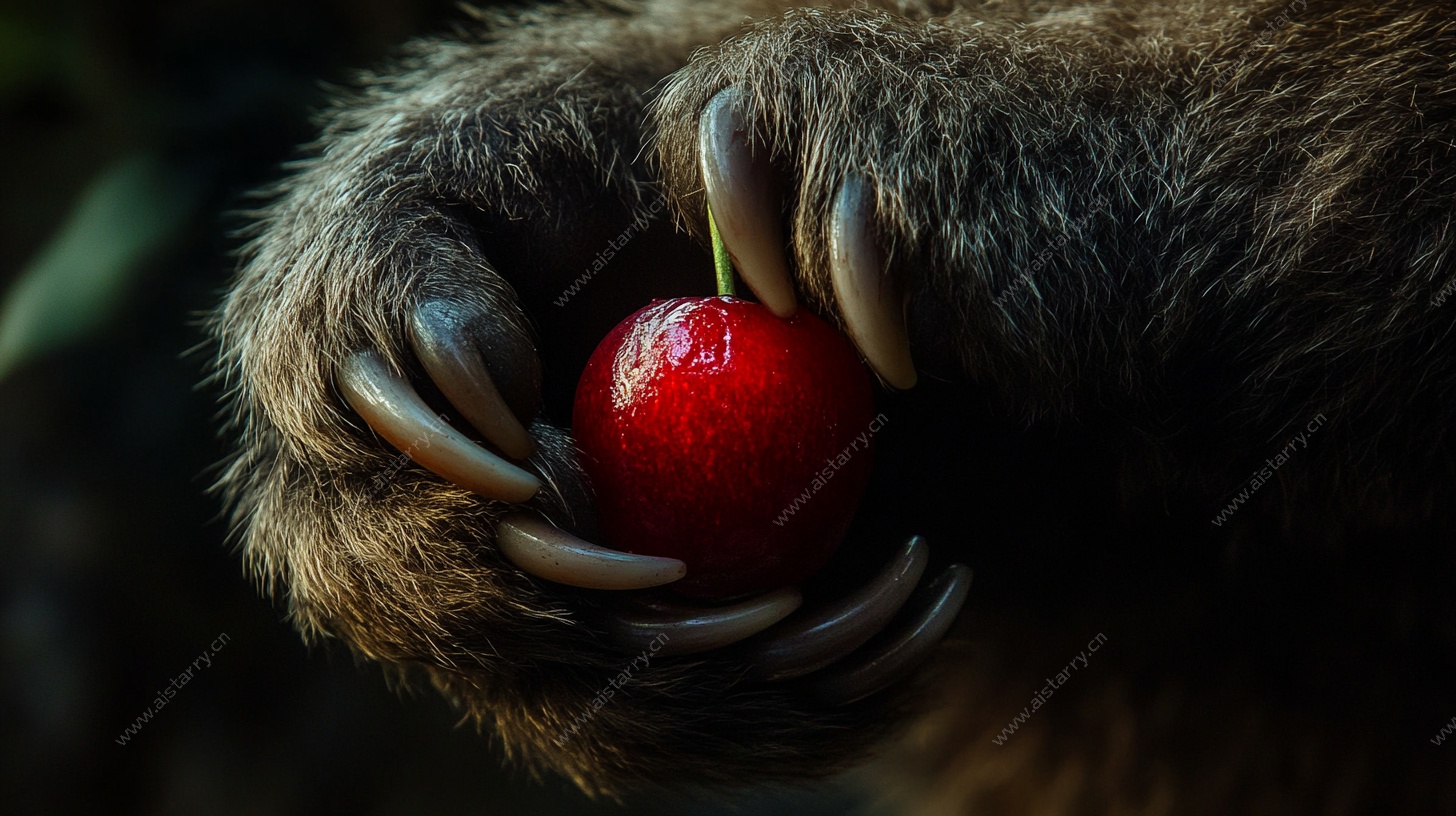 熊掌握红樱桃特写