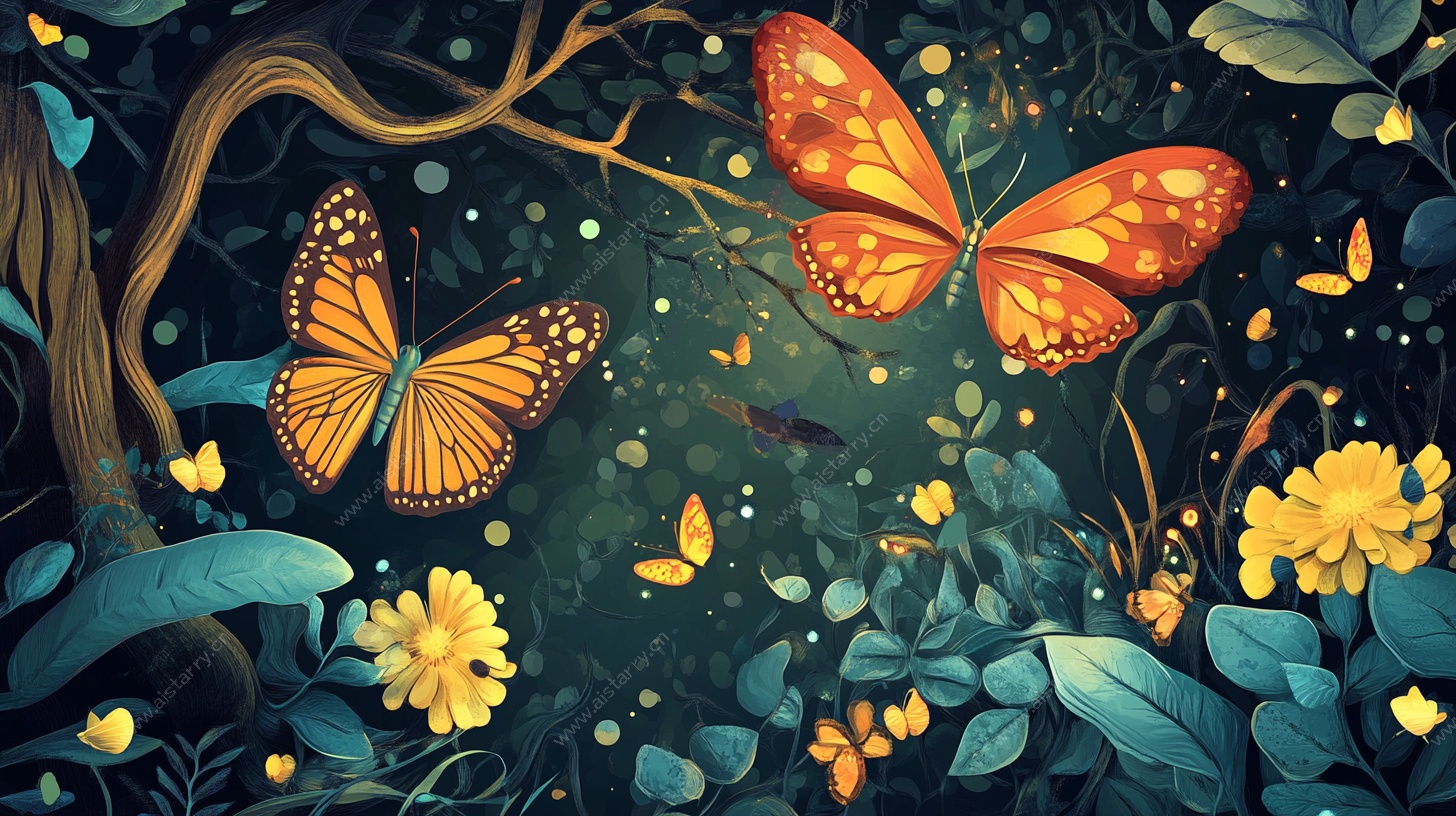 梦幻蝴蝶丛林插画