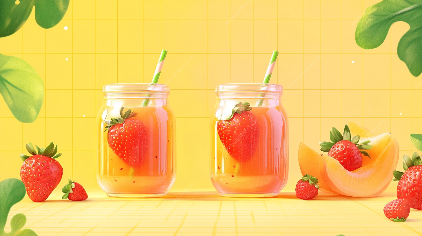 草莓果汁与鲜果插画