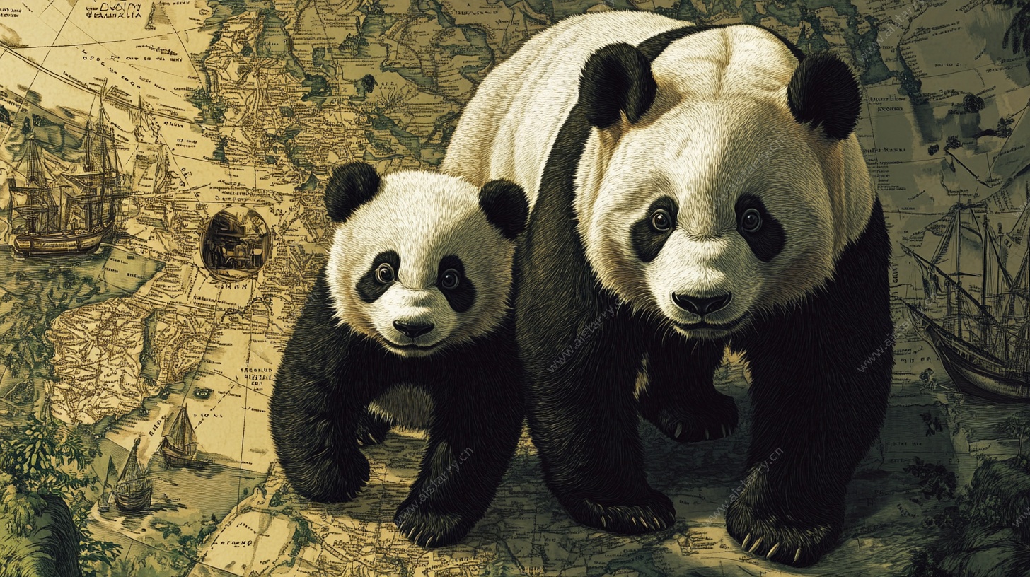 熊猫母子漫步古老地图中