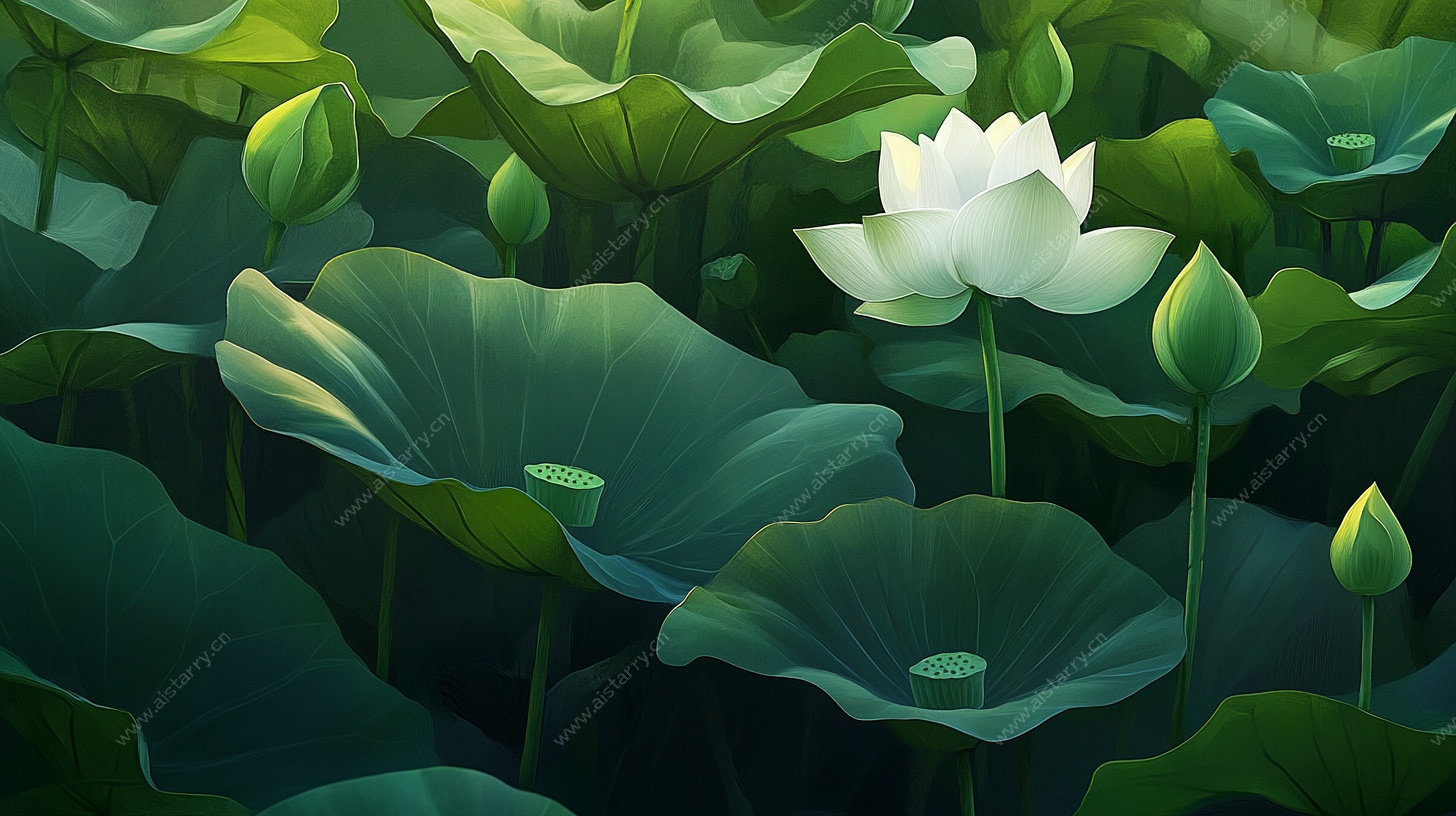 夏日荷塘白莲图