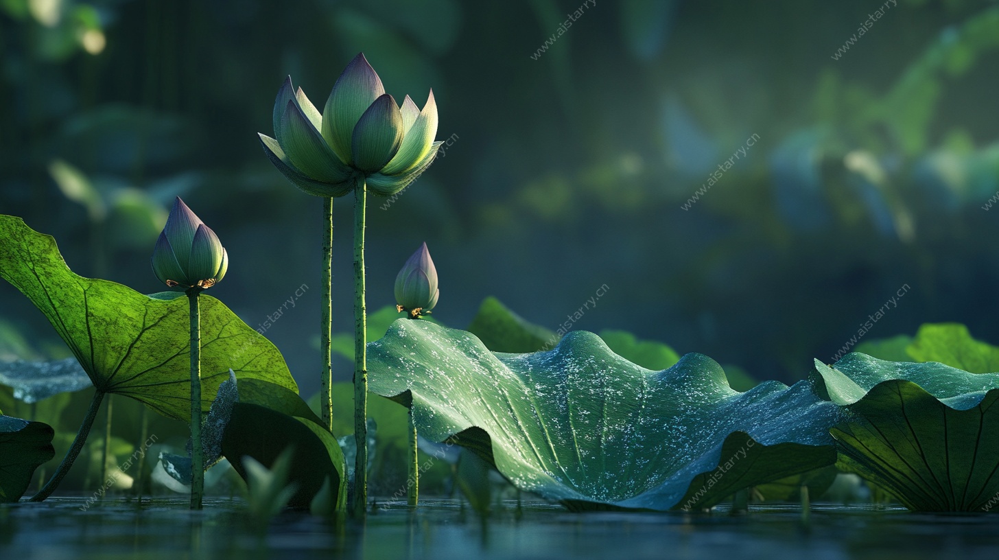 荷塘清韵 初绽荷花与莲叶