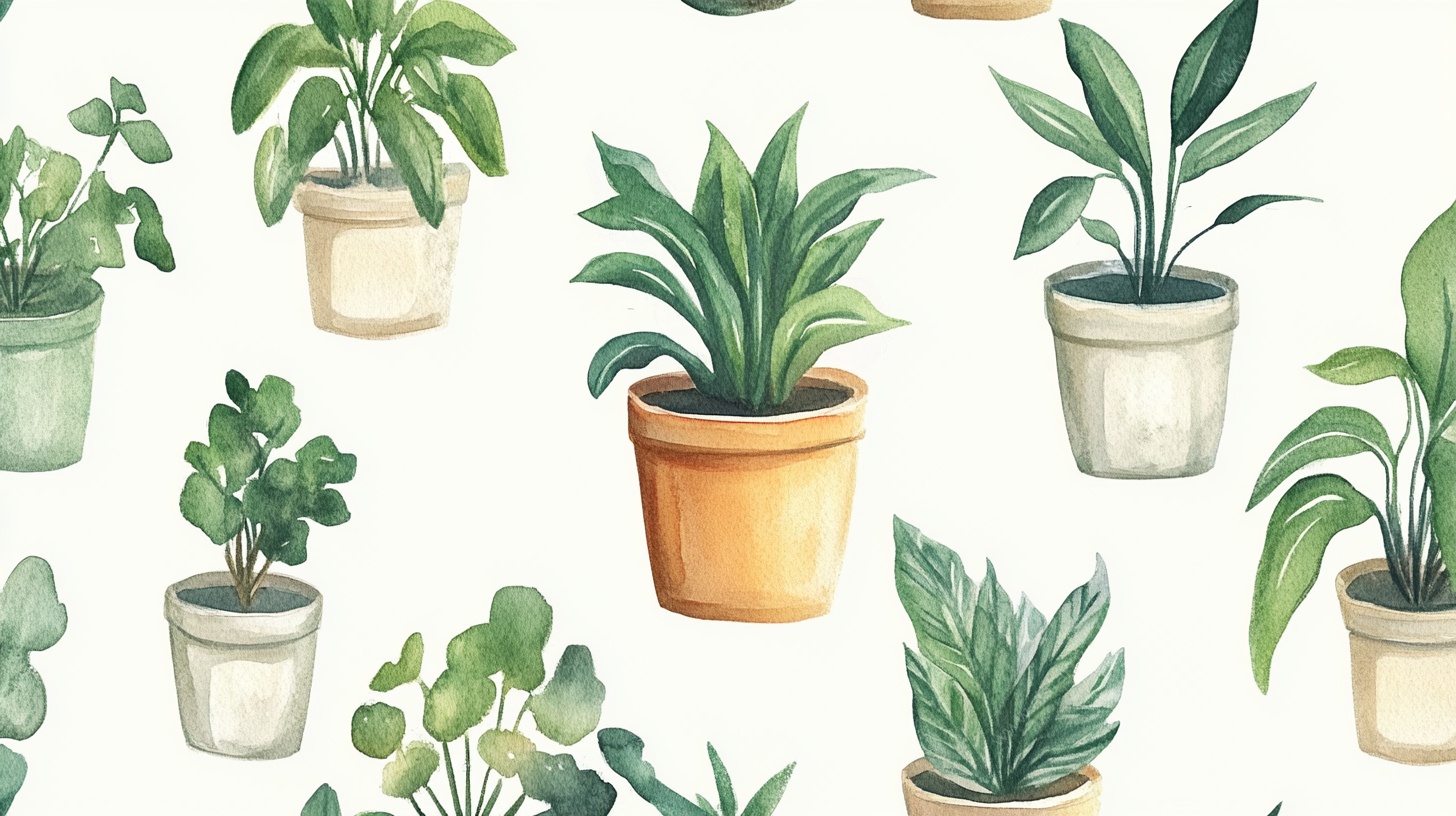 盆栽绿植水彩无缝图案