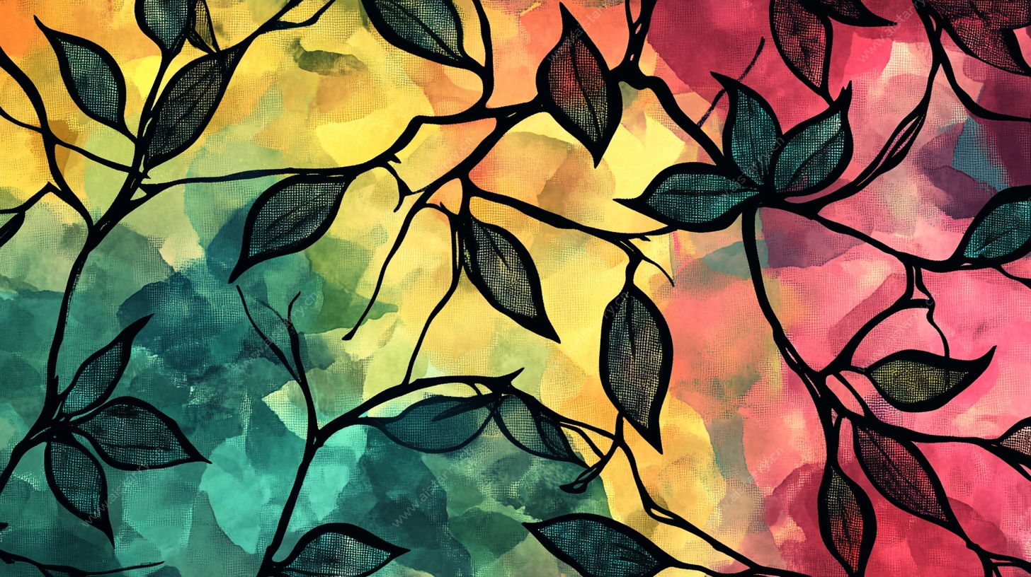 彩色叶脉抽象水彩画